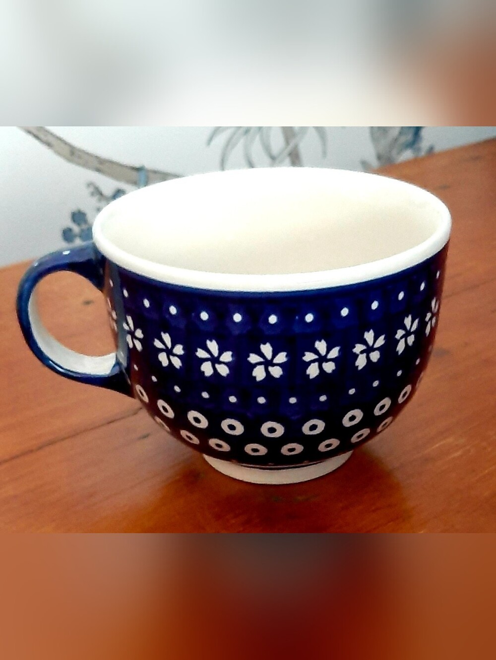 Boleslawiec Polish Pottery Cobalt Blue Flower & Dot Pattern Large 16 Oz Mug
